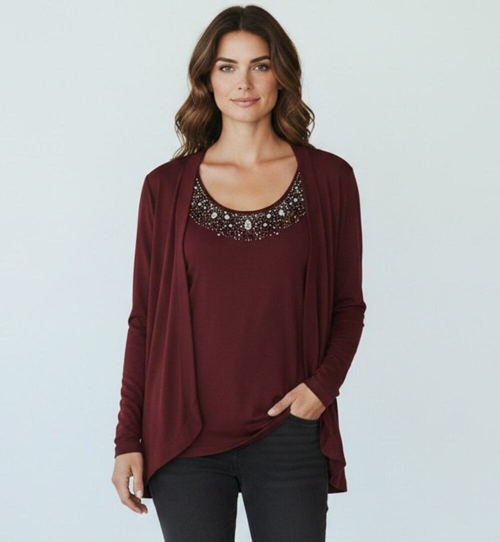 Talbots Beaded Burgundy Twinset Cardigan & Scoop Shell Top Set Women's L 2-Pc